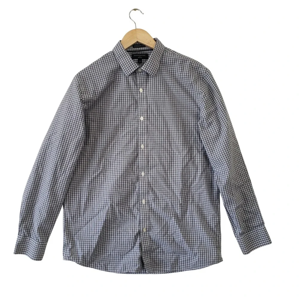 Banana Republic Mens L Non Iron Standard Fit Shirt Navy White Micro Check Office